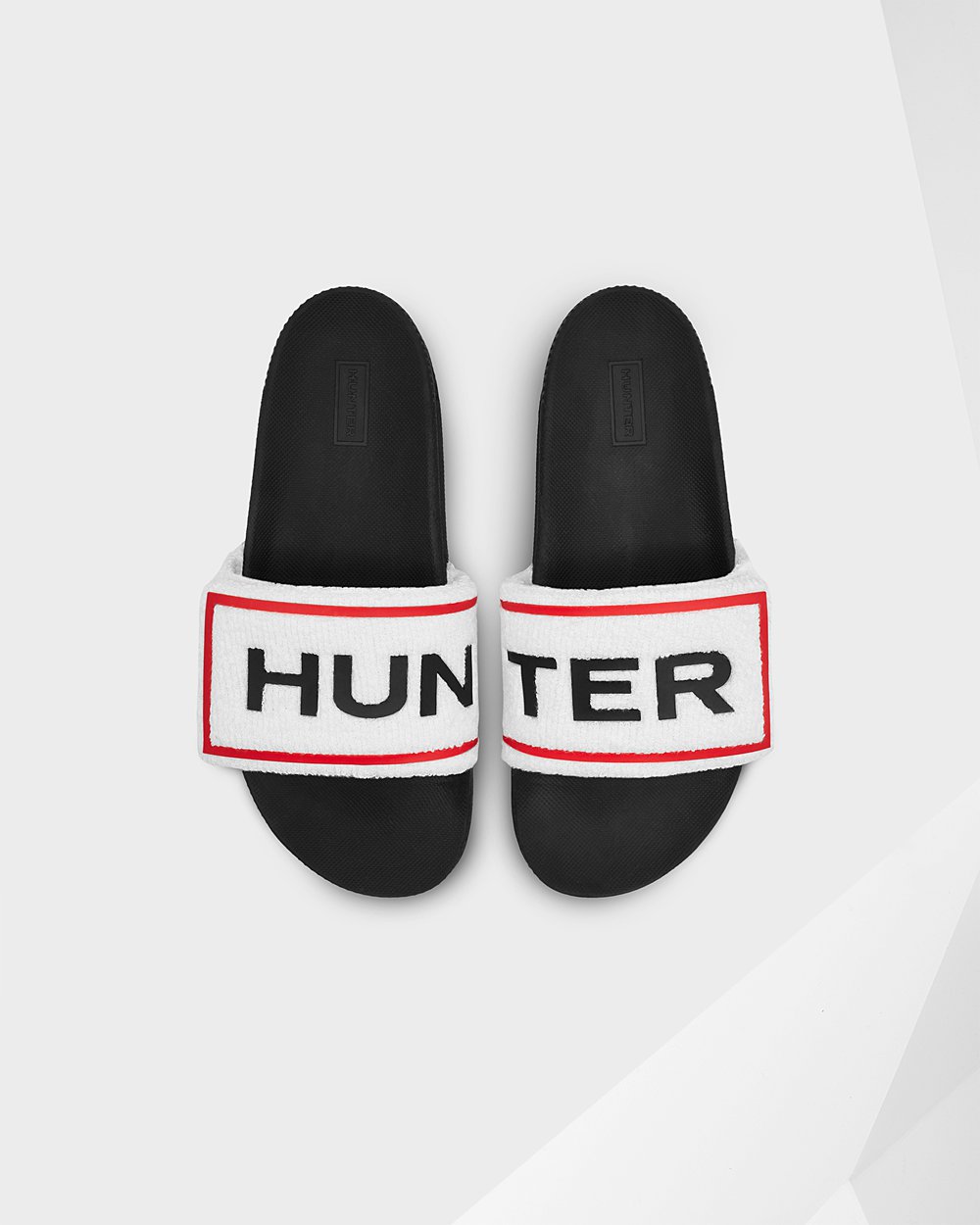 Womens Slides - Hunter Original Terry Towelling Logo Adjustable (59GCQUWFY) - Black/White